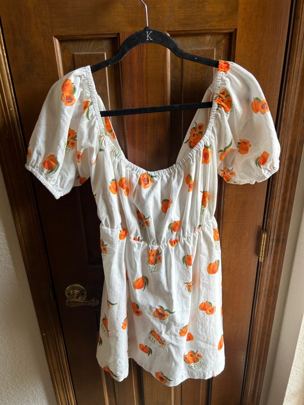 White Orange Print Puff-Sleeve Dress - Never Worn